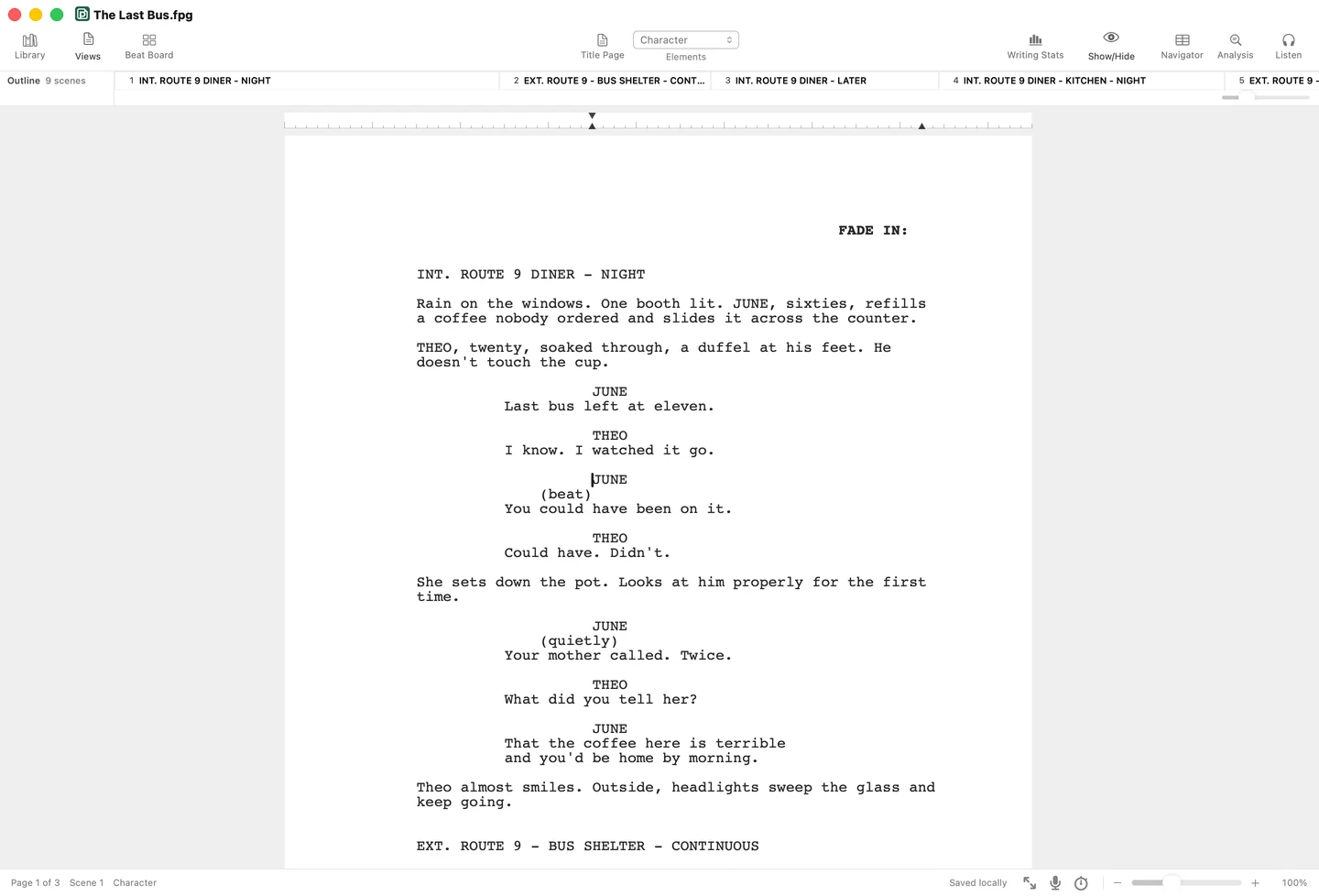 First Page with the cursor on a character cue: the toolbar's Elements menu and the status bar both read Character.