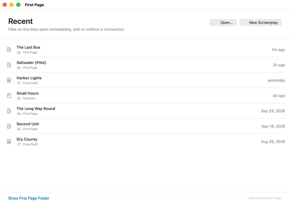 The First Page library: recent scripts on this Mac, with their format and when each was last changed.