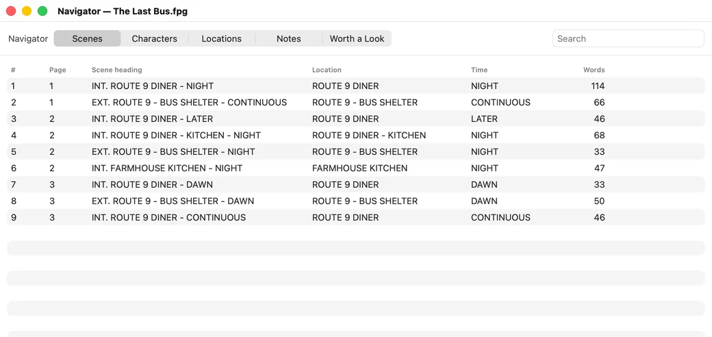 The Navigator for The Last Bus, listing all nine scenes with page, location, time of day and word count.