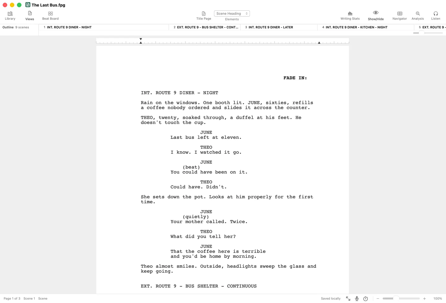 First Page for Mac with a screenplay, The Last Bus, formatted on the page.
